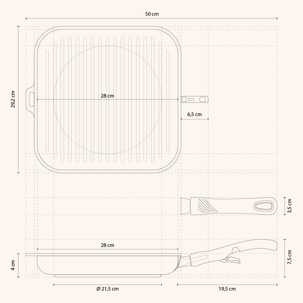 Guss-Grillpfanne eckig 28 x 28 cm mit abnehmbarem Stiel