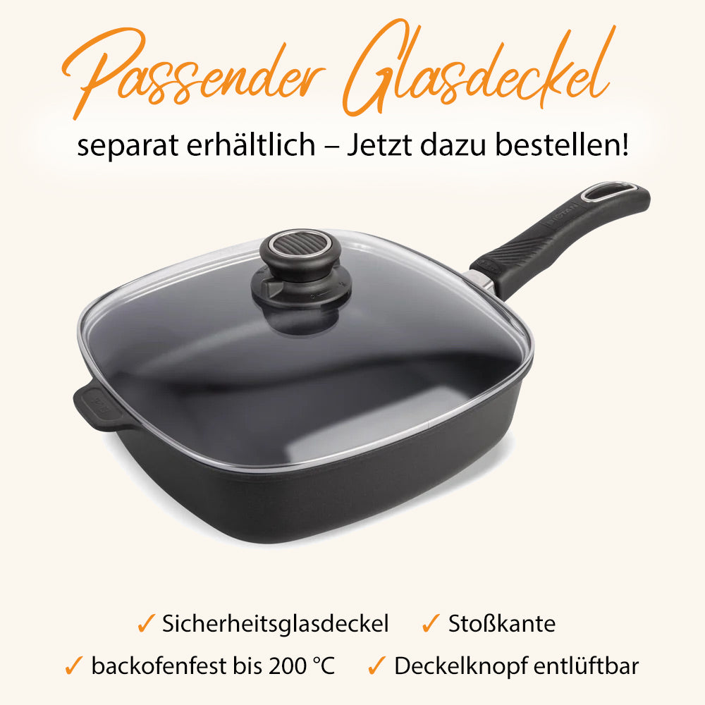 Guss-Viereckpfanne hoch 26 x 26 cm mit abnehmbarem Stiel