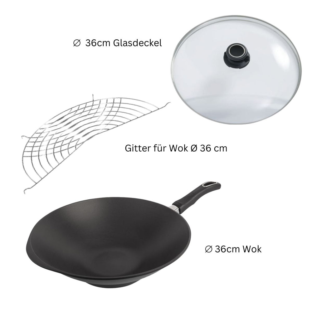 Set Guss-Wok Pfannen-Set Ø 36 cm mit Glasdeckel und Gitter