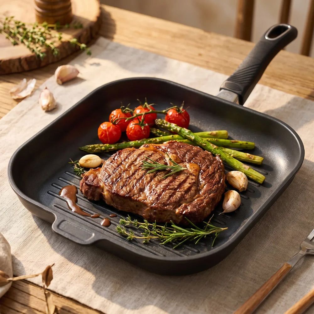 Guss-Grillpfanne eckig 28 x 28 cm mit abnehmbarem Stiel