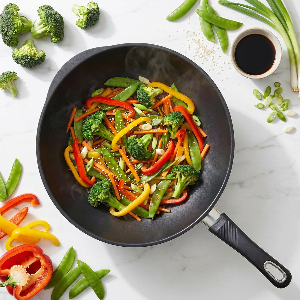 Set Guss-Wok Pfannen-Set Ø 36 cm mit Glasdeckel und Gitter