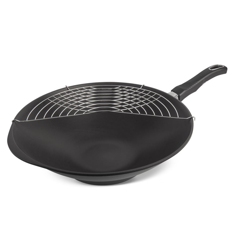 Set Guss-Wok Pfannen-Set Ø 36 cm mit Glasdeckel und Gitter
