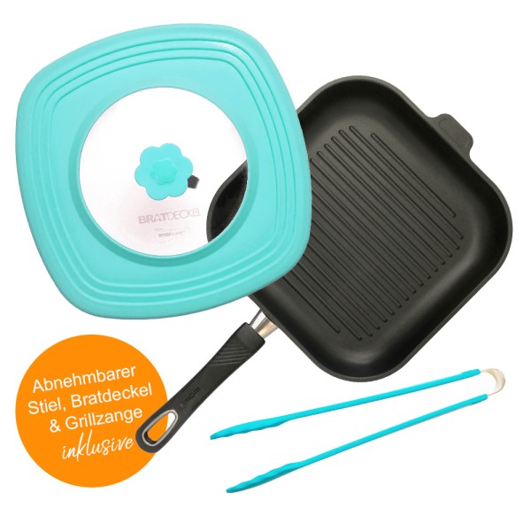 Set Grillpfanne 28x28 cm mit Bratdeckel und Gourmetzange