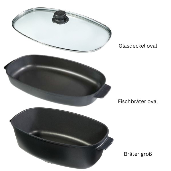 Bräter-Bundle mit Bräter - Fischbräter - Glasdeckel
